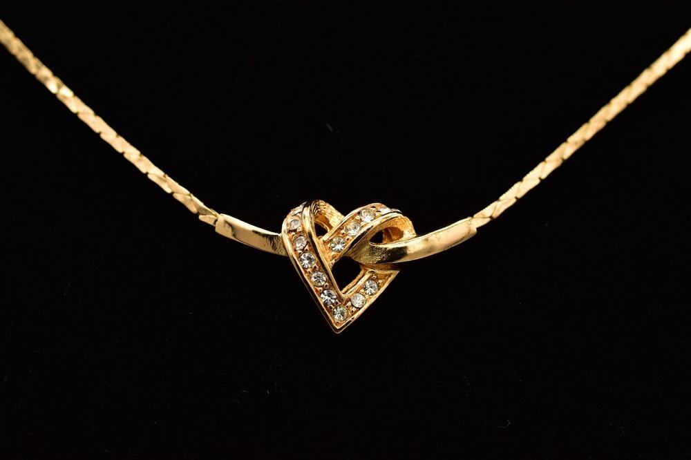 Christian Dior Vintage Rhinestone Crystal Heart Knot Necklace Gold Signed BinBM